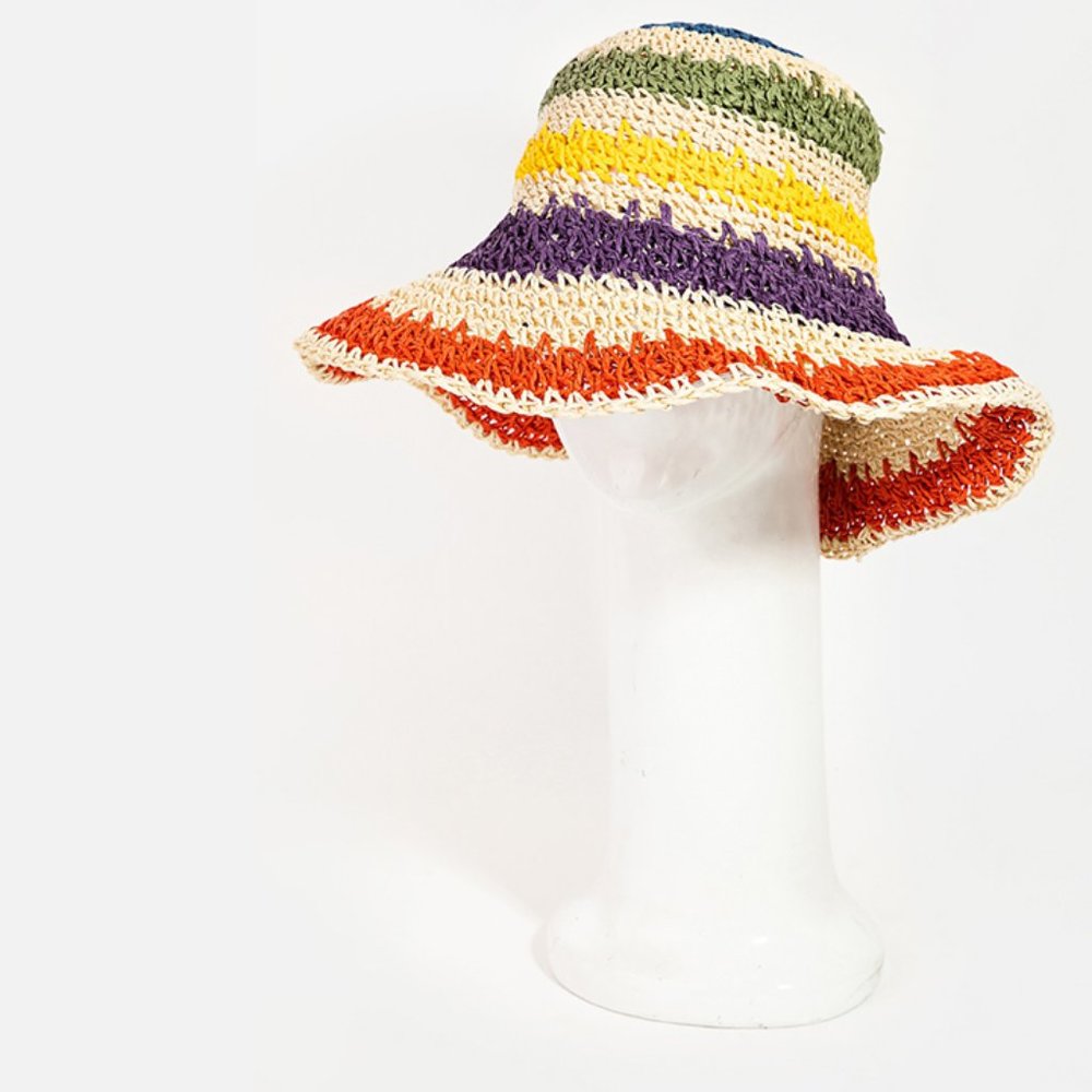 Colorful Rainbow Striped Natural Straw Bucket Hat - Picture 4 of 5